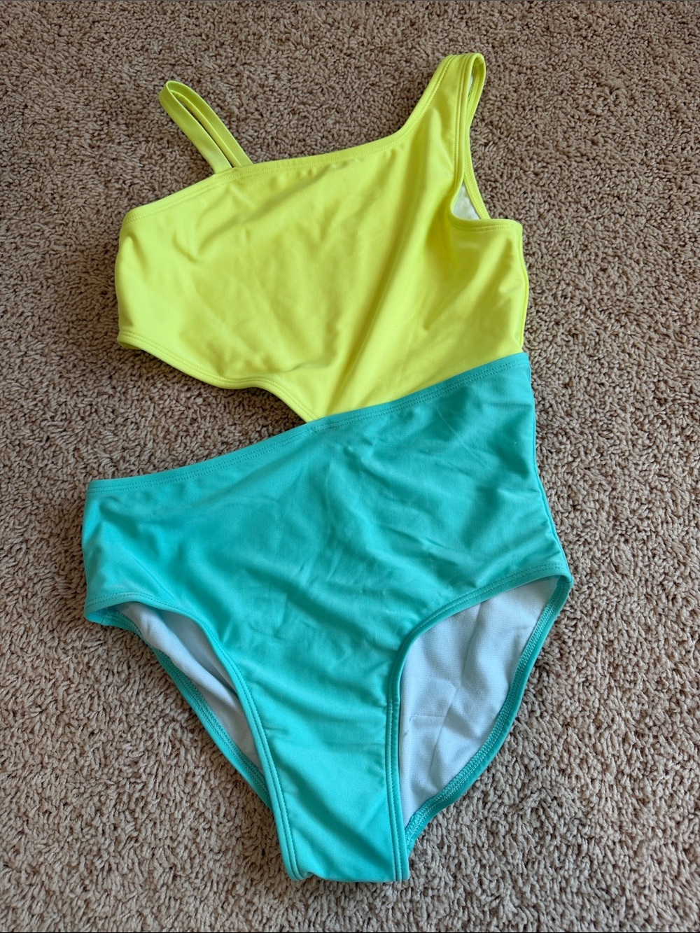 Cat & Jack Girls One-Shoulder One-Piece Swimsuit in Neon Yellow and Aqua